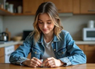 E-liquide de cigarette électronique : les critères pour un choix sécurisé Jeune femme regardant un flacon d'eliquide dans la cuisine