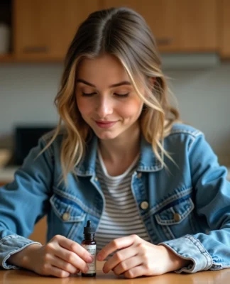Jeune femme regardant un flacon d'eliquide dans la cuisine