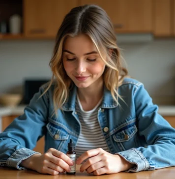 Jeune femme regardant un flacon d'eliquide dans la cuisine