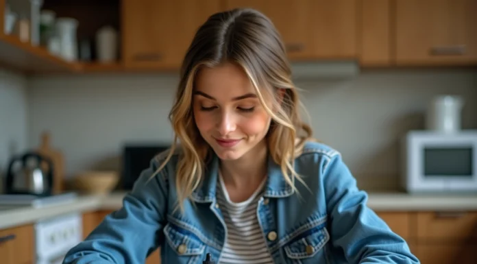 Jeune femme regardant un flacon d'eliquide dans la cuisine