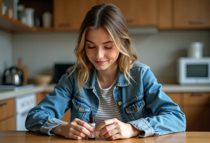 femme-examinant-eliquide Jeune femme regardant un flacon d'eliquide dans la cuisine