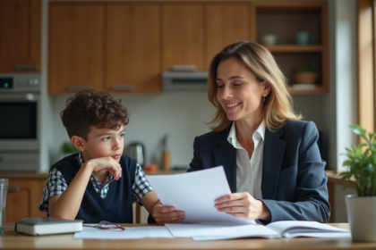 Femme et adolescent discutent de factures scolaires à la maison