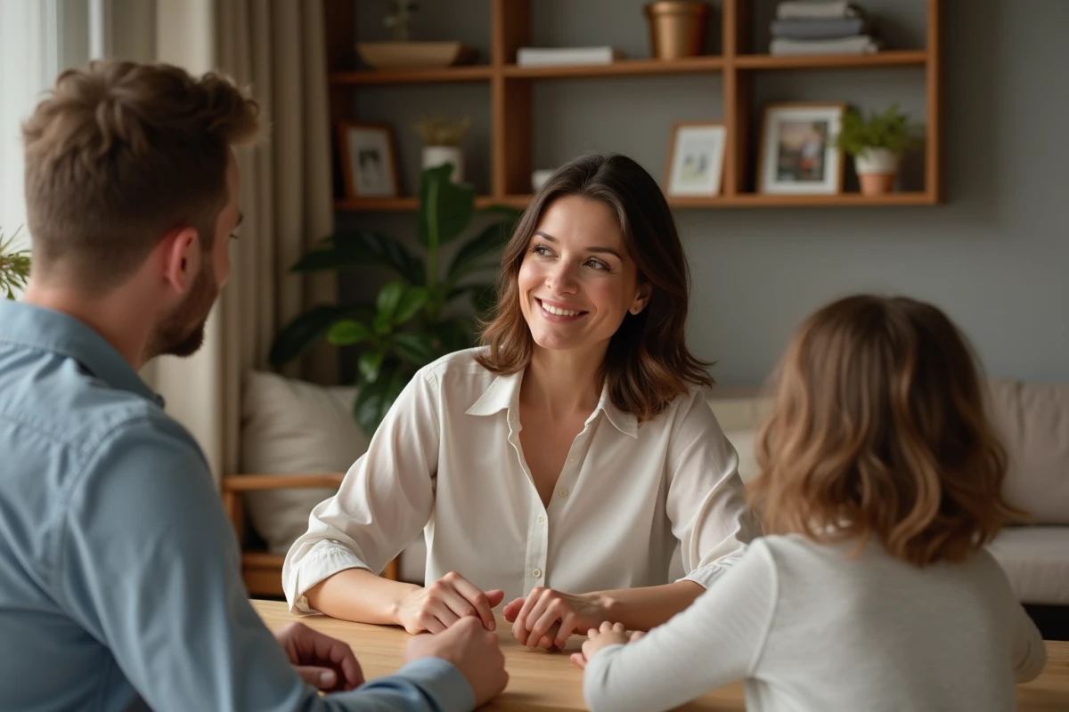 Femme souriante avec sa famille dans un appartement chaleureux