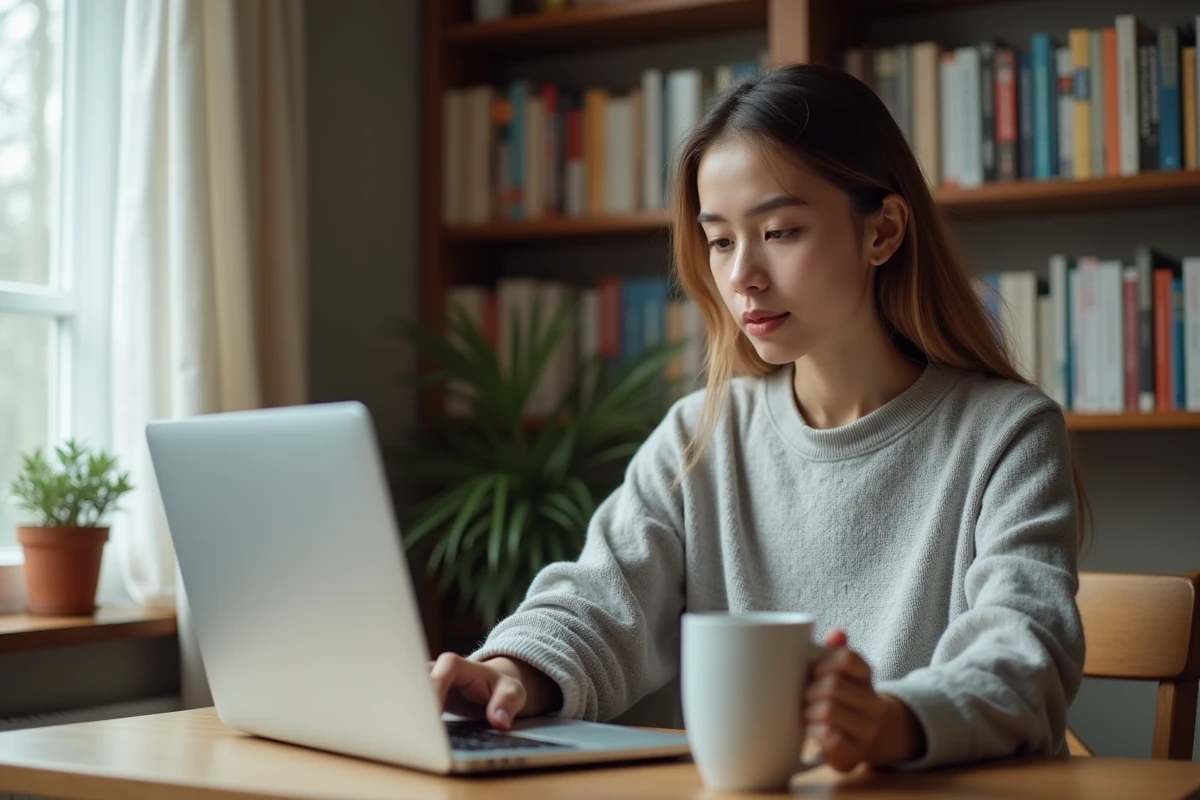 Jeune femme consultant un guide actualité en ligne sur son ordinateur portable dans un bureau à domicile chaleureux