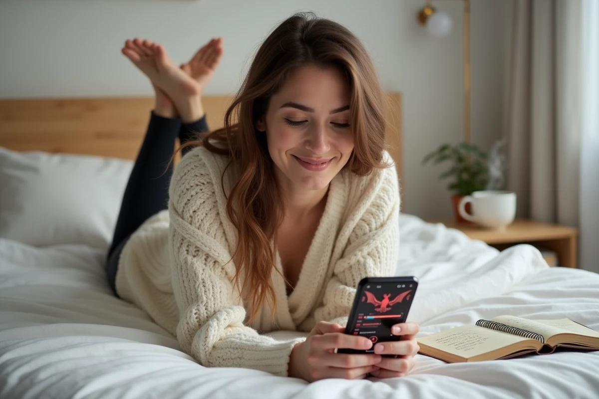 Femme adulte consultant un guide de quête Dofus Pourpre sur smartphone allongée dans une chambre minimaliste