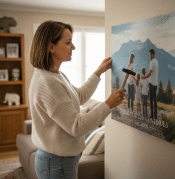 Préserver vos souvenirs de voyage avec une photo sur toile personnalisée Femme accrochant un tableau personnalisé dans son salon