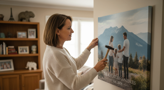 Femme accrochant un tableau personnalisé dans son salon