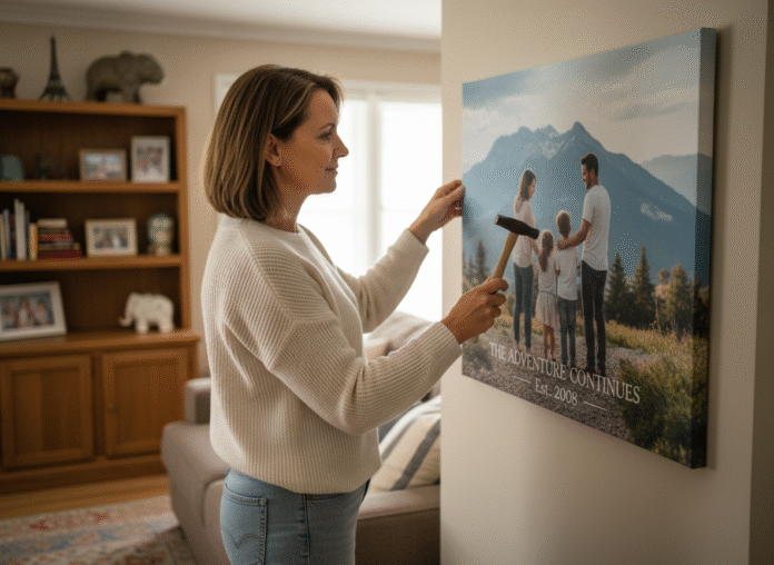 femme-hanging-canvas-photo Femme accrochant un tableau personnalisé dans son salon