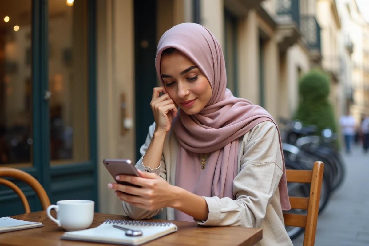 Jeune femme voilée consultant les horaires de prière sur son téléphone à une terrasse de café à Bordeaux