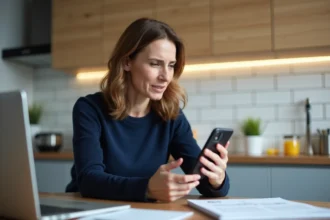 Femme inquiète avec smartphone dans la cuisine moderne