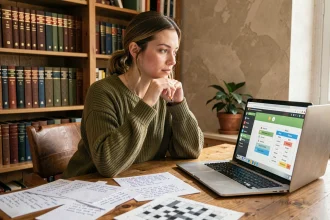 Femme concentrée jouant à un jeu de devinettes de mots sur ordinateur portable, entourée de notes manuscrites et de dictionnaires sur un bureau en bois