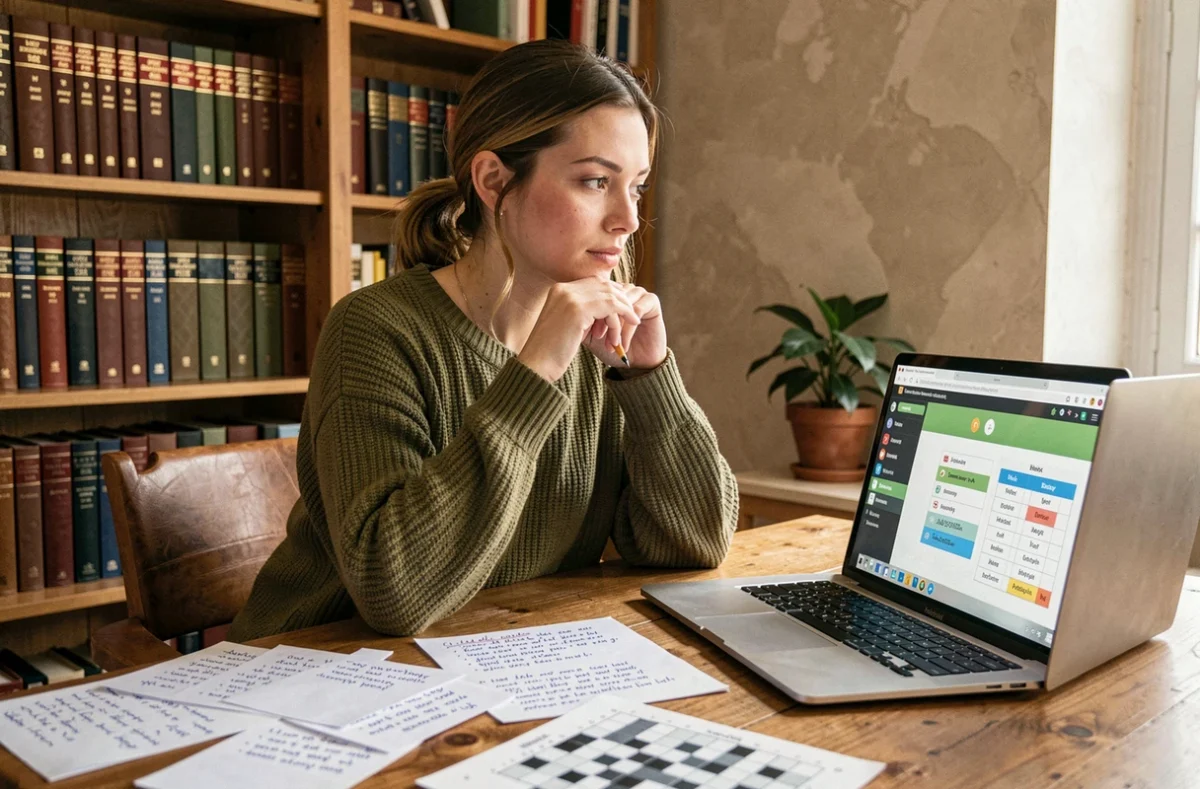 Femme concentrée jouant à un jeu de devinettes de mots sur ordinateur portable, entourée de notes manuscrites et de dictionnaires sur un bureau en bois