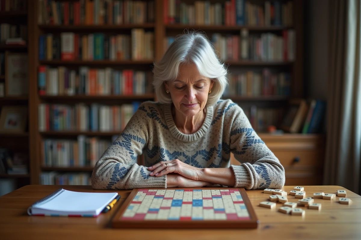Femme assise jouant au Scrabble à la maison