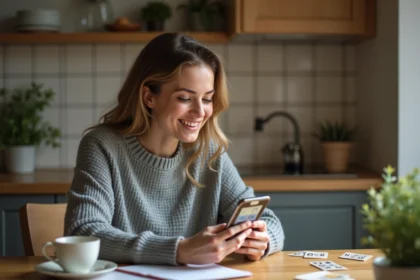 Femme jouant à 4 Images 1 Mot sur smartphone avec mots de 5 lettres en français