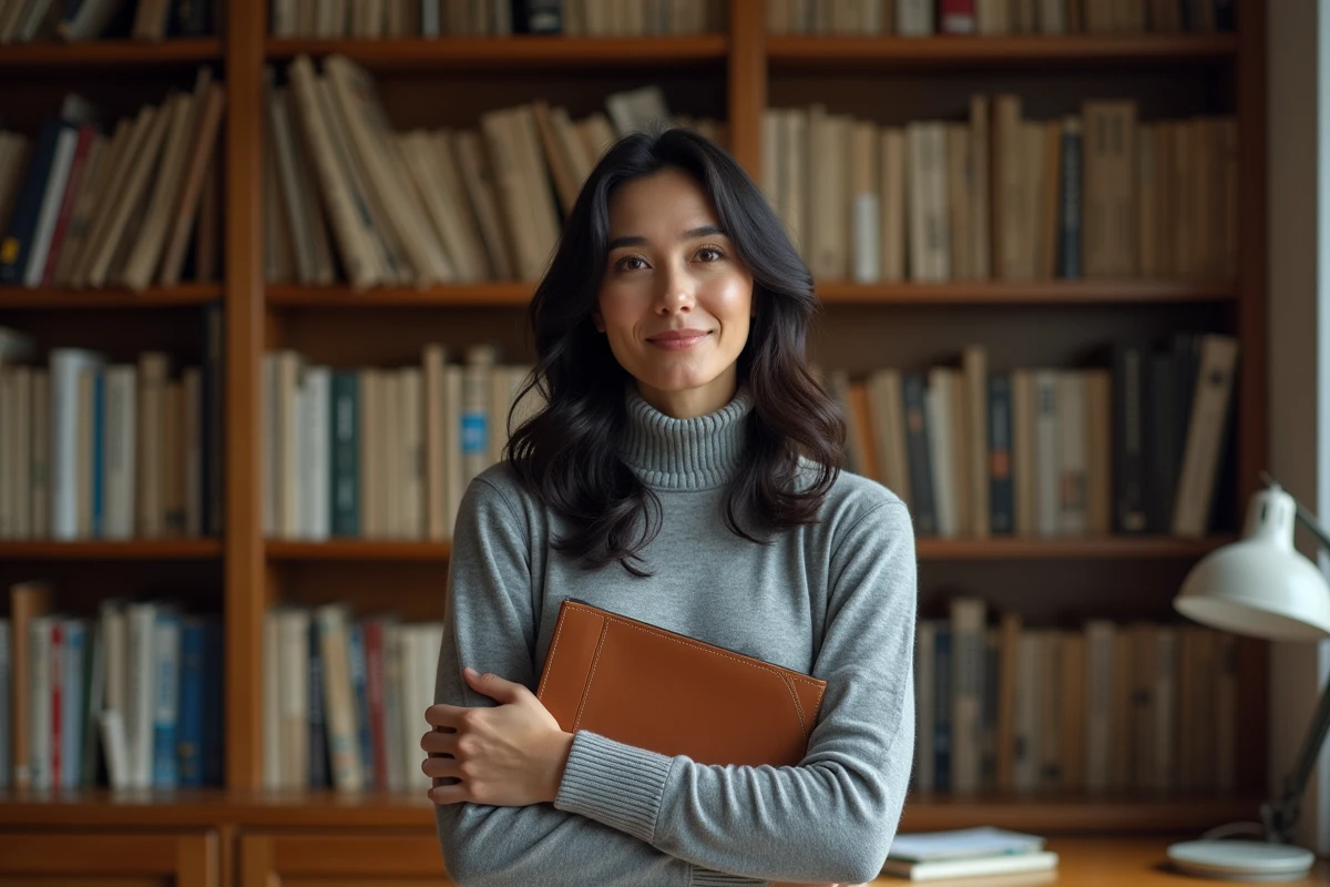 Femme journaliste devant une bibliothèque d'archives de presse, pull col roulé gris, carnet en cuir, ambiance éditoriale investigative