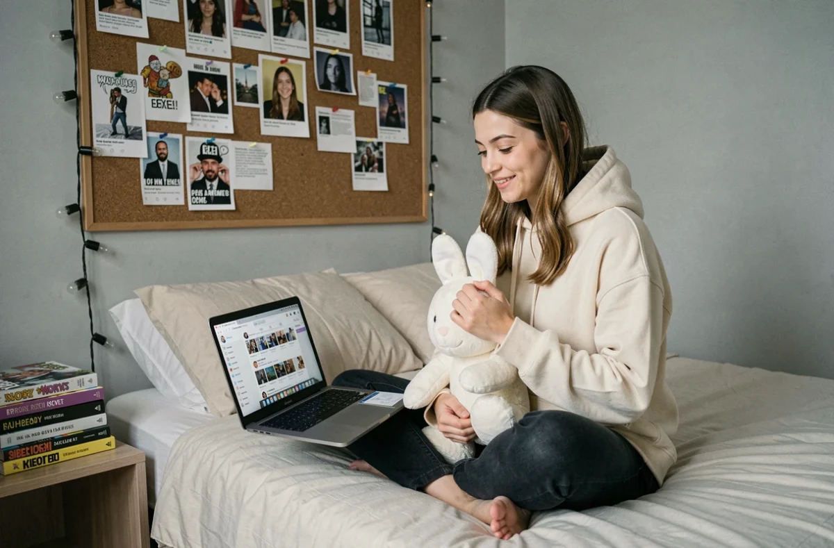 Jeune femme tenant un lapin en peluche blanc devant un tableau de mèmes internet sur liège dans une chambre moderne