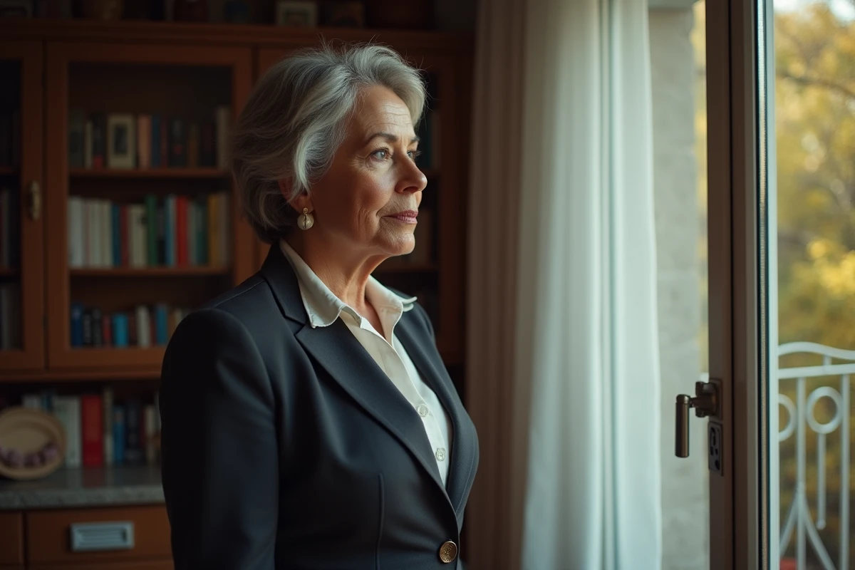 Femme méditerranéenne regardant par la fenêtre en réflexion