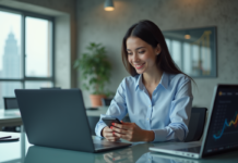 Fintech : les raisons de leur succès et leur rôle dans la finance Jeune femme au bureau utilisant son smartphone avec des écrans fintech