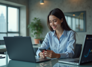 Fintech : les raisons de leur succès et leur rôle dans la finance Jeune femme au bureau utilisant son smartphone avec des écrans fintech