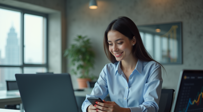 Jeune femme au bureau utilisant son smartphone avec des écrans fintech
