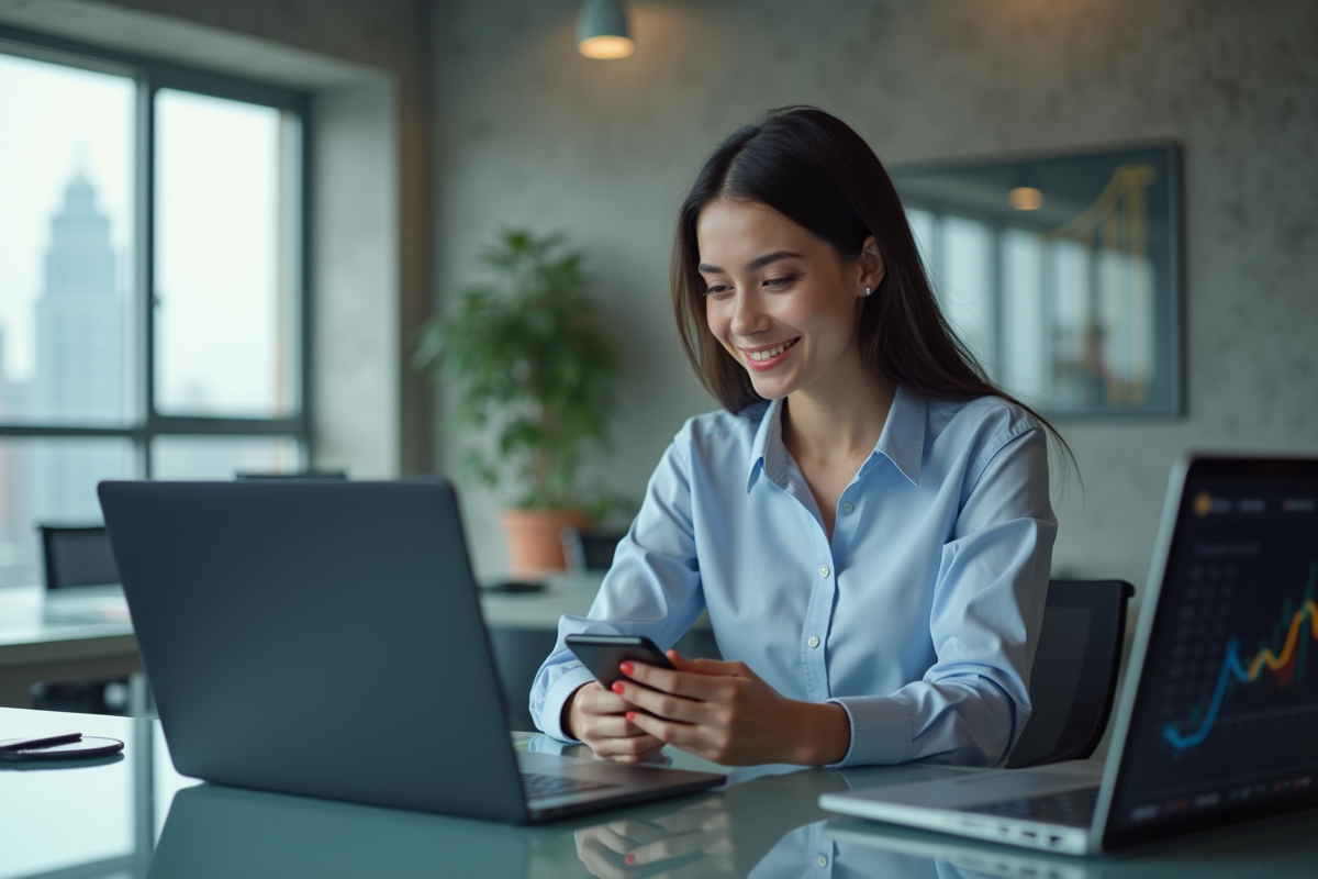 Jeune femme au bureau utilisant son smartphone avec des écrans fintech