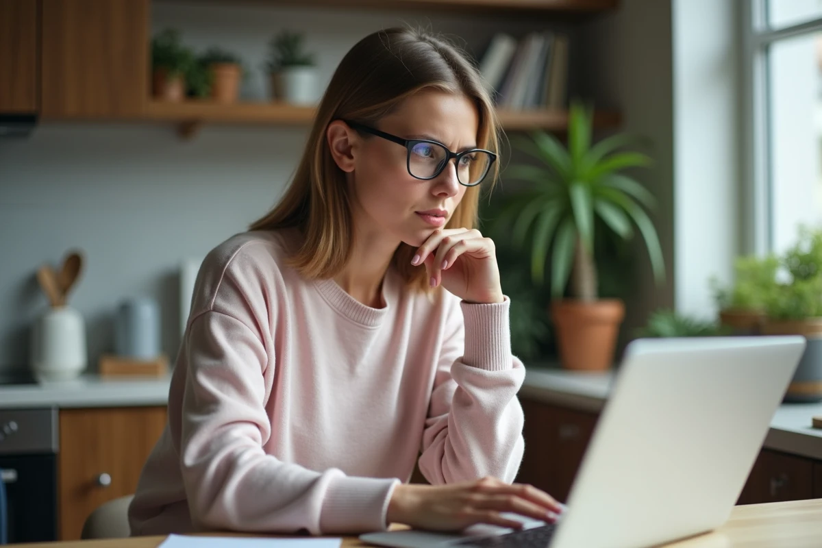 Jeune femme pensante devant son ordinateur dans une cuisine moderne