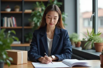 Jeune femme organisant documents à son bureau