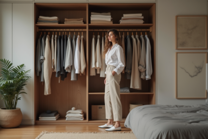 Femme organisée choisissant une chemise dans son dressing