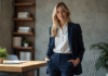 Femme élégante en pantalon navy et blouse blanche dans un bureau moderne