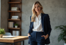 Femme élégante en pantalon navy et blouse blanche dans un bureau moderne