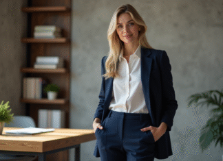 Tenue parfaite : Pourquoi le pantalon est-il crucial pour votre style ? Femme élégante en pantalon navy et blouse blanche dans un bureau moderne