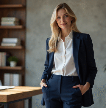 Tenue parfaite : Pourquoi le pantalon est-il crucial pour votre style ? Femme élégante en pantalon navy et blouse blanche dans un bureau moderne