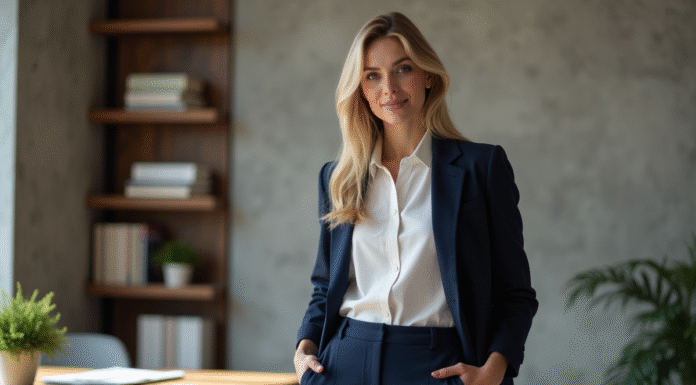 Femme élégante en pantalon navy et blouse blanche dans un bureau moderne
