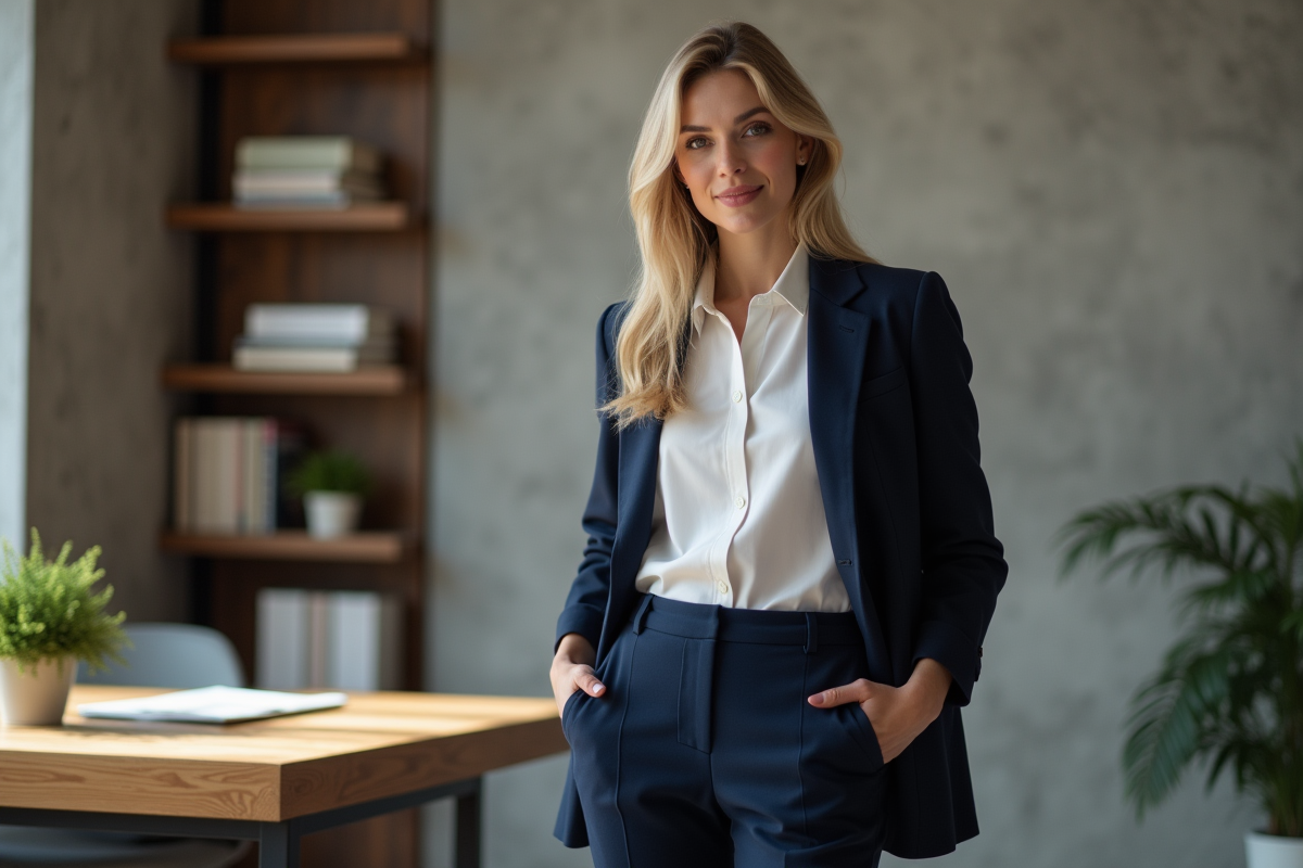 Femme élégante en pantalon navy et blouse blanche dans un bureau moderne