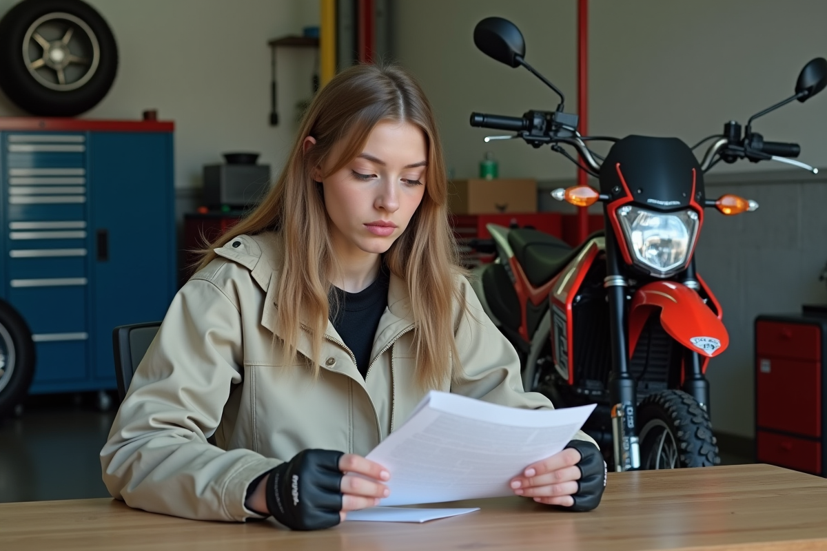 Femme compare documents avec une moto-cross 150cc en intérieur