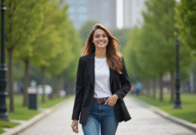 Femme souriante dans un parc urbain verdoyant