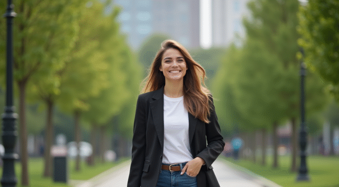 Femme souriante dans un parc urbain verdoyant