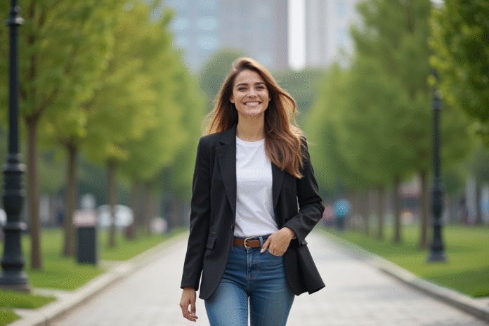 Femme souriante dans un parc urbain verdoyant