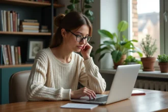 Femme en sweater jouant à un jeu de mots sur son ordinateur dans un bureau cosy