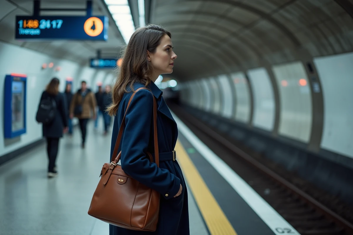 Femme consultant le tableau des départs sur le quai moderne de la ligne 14 du métro parisien