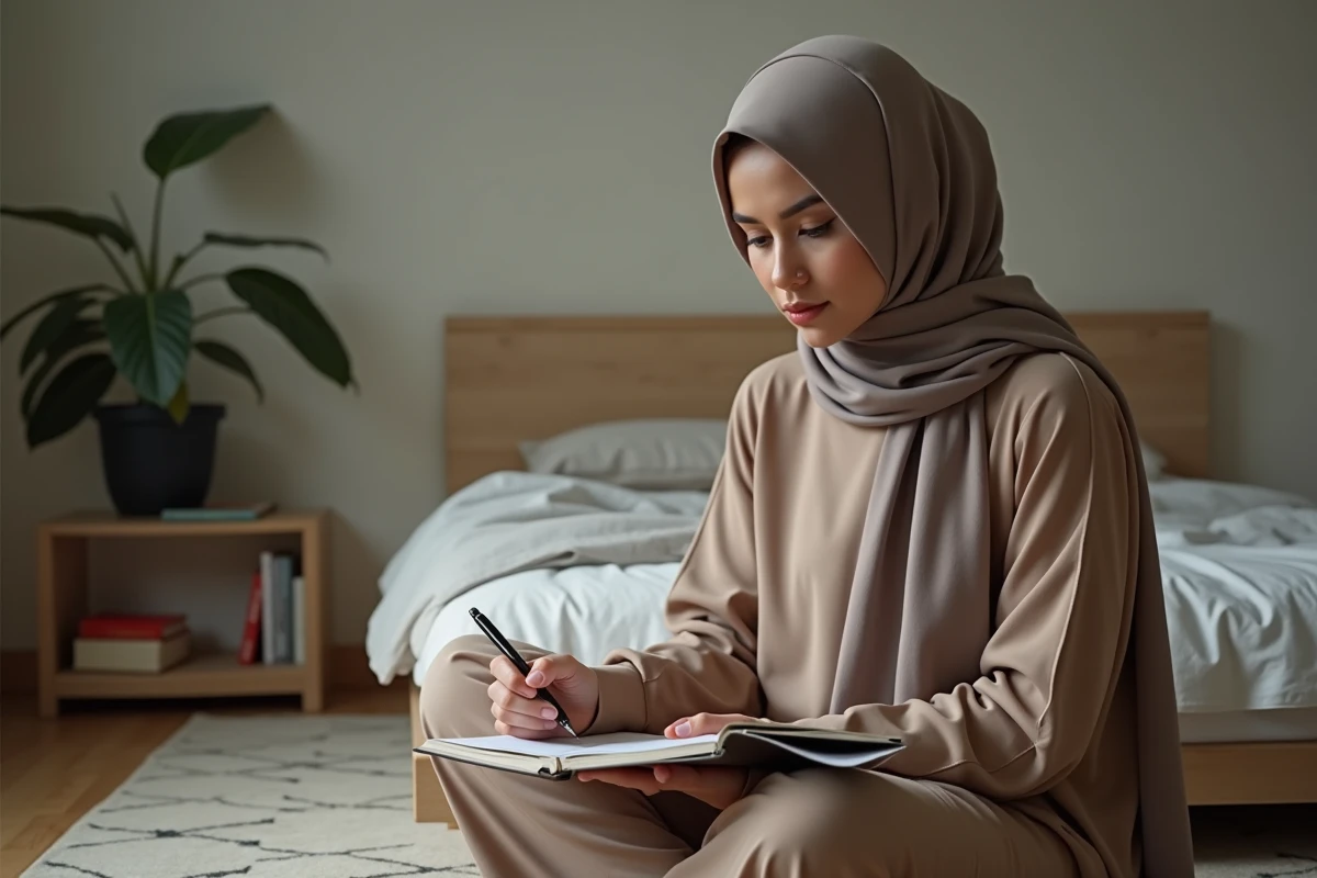 Femme réfléchissant dans une chambre calme avec un carnet
