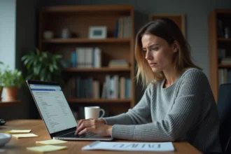 Une femme préoccupée examine des résultats de recherche suspects sur son ordinateur portable dans un bureau à domicile