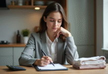 Jeune femme en cuisine examinant ses reçus et notes