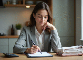 Jeune femme en cuisine examinant ses reçus et notes