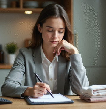 Coût mensuel des vêtements : estimer son budget mode facilement Jeune femme en cuisine examinant ses reçus et notes