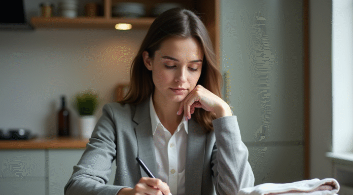 Jeune femme en cuisine examinant ses reçus et notes