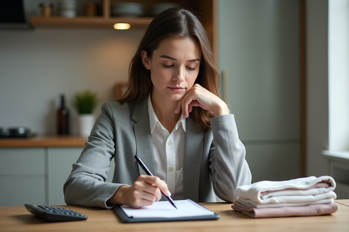 Jeune femme en cuisine examinant ses reçus et notes