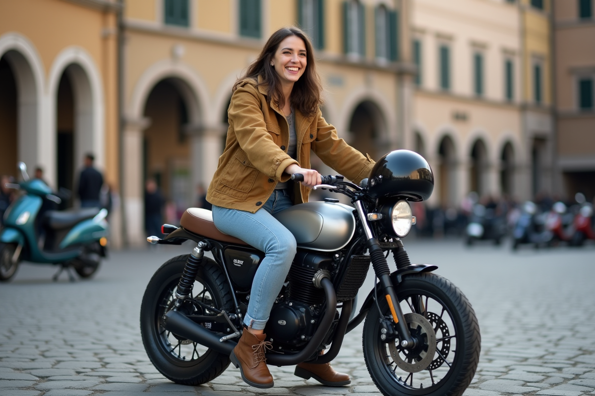 Femme souriante avec moto en ville animée