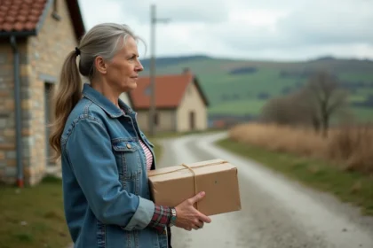 Femme rurale avec un colis en attente dans un village