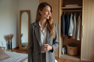 Femme choisissant une veste à la mode dans sa garde-robe lumineuse